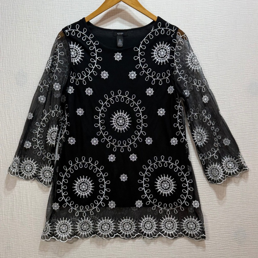 Alfani Tunic Womens PL Black White Embroidered Mesh Medallion Scalloped Hem Boho